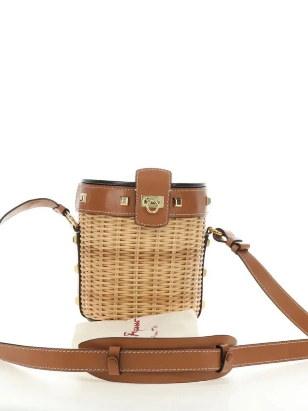 Salvatore Ferragamo Gancini Straw Bag Raffia Beige Gold Auth BA13293SM